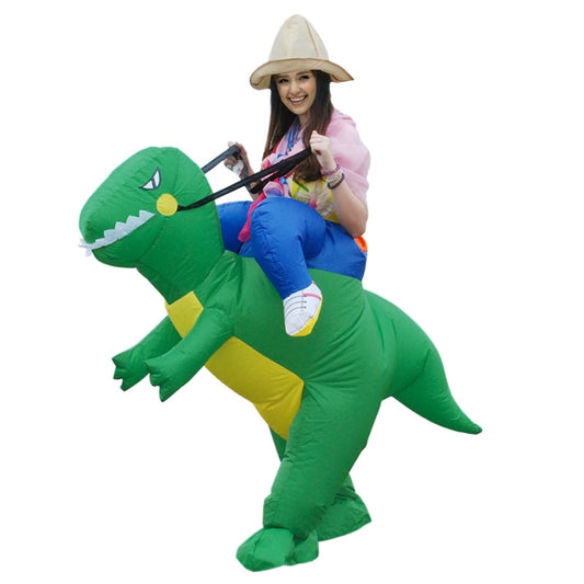 Green inflatable dinosaur fancy dress costume with hooded cap, blue belly panels