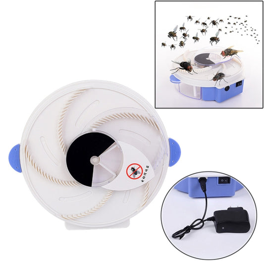 Electric rotary fly catcher with white fan-style cover and blue base, US plug power supply.