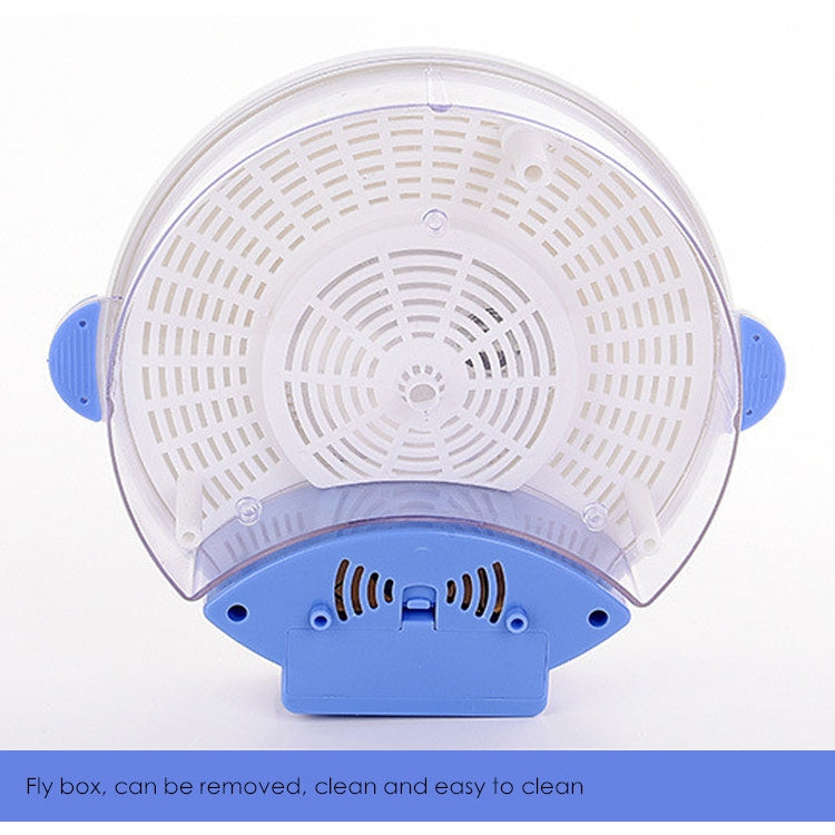 Electric fly catcher front view: white grille face with blue bottom control area and removeable box.