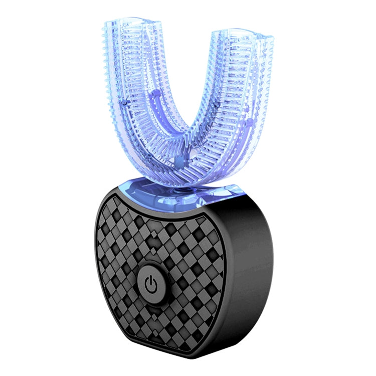 Black electric silicone toothbrush base with blue-lit U-shaped bristle head