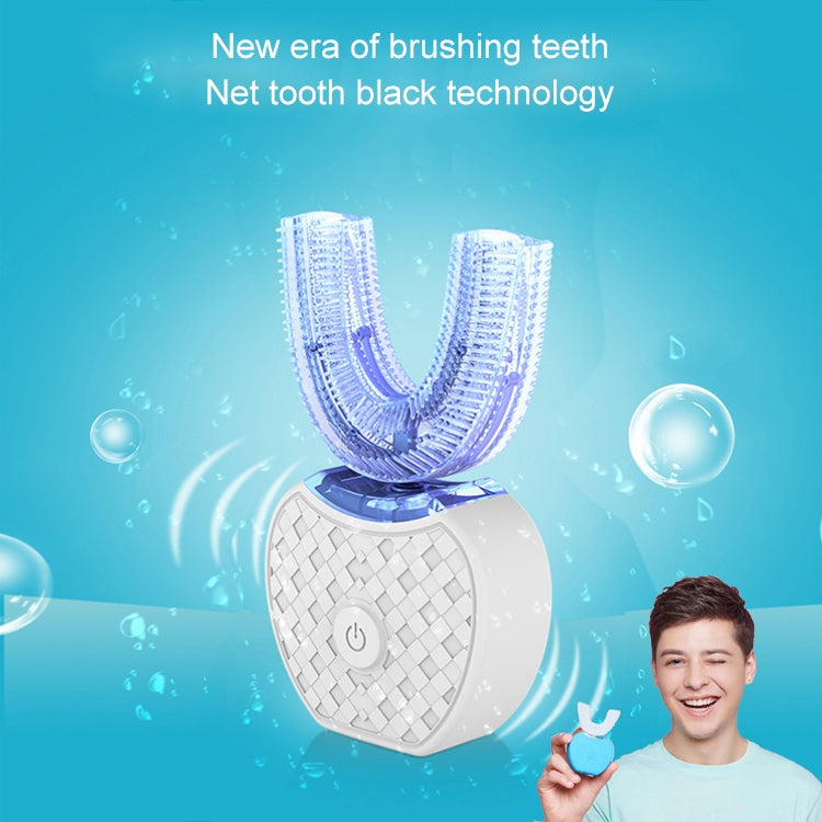 Electric automatic toothbrush base with U-shaped blue bristle brush head