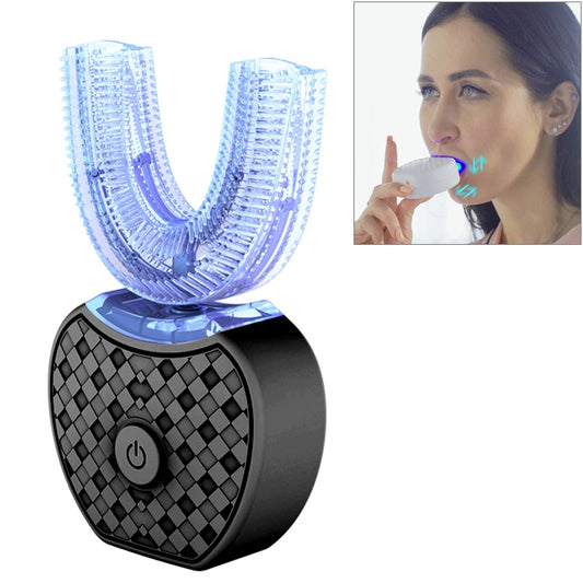 Black electric silicone U-shaped toothbrush head on base with power button