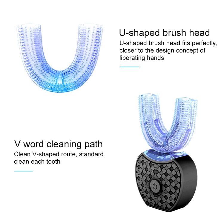 Blue-lit U-shaped silicone bristle head on black electric toothbrush handle