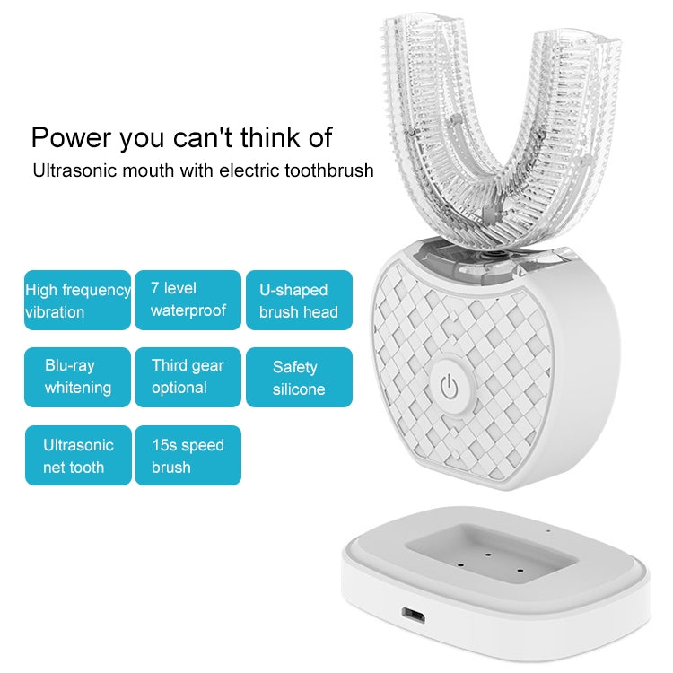 White electric silicone toothbrush with charging base and U-shaped bristle head