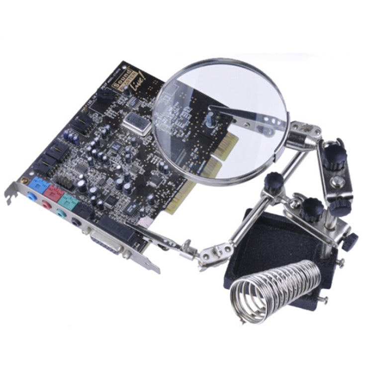 5X magnifying lens on metal spring stand with mounted circuit board and clamps