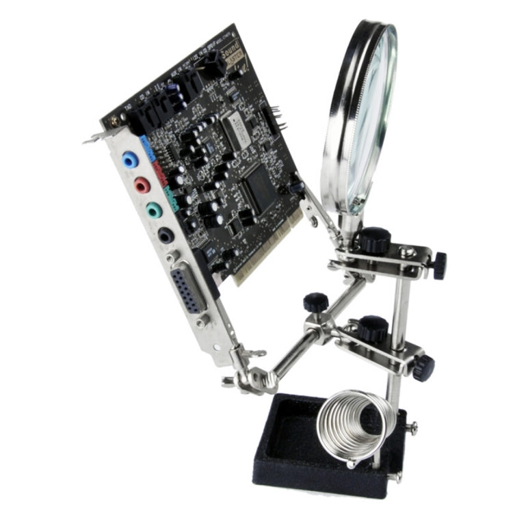 5X magnifier with metal support frame, black base, and spring coil holder