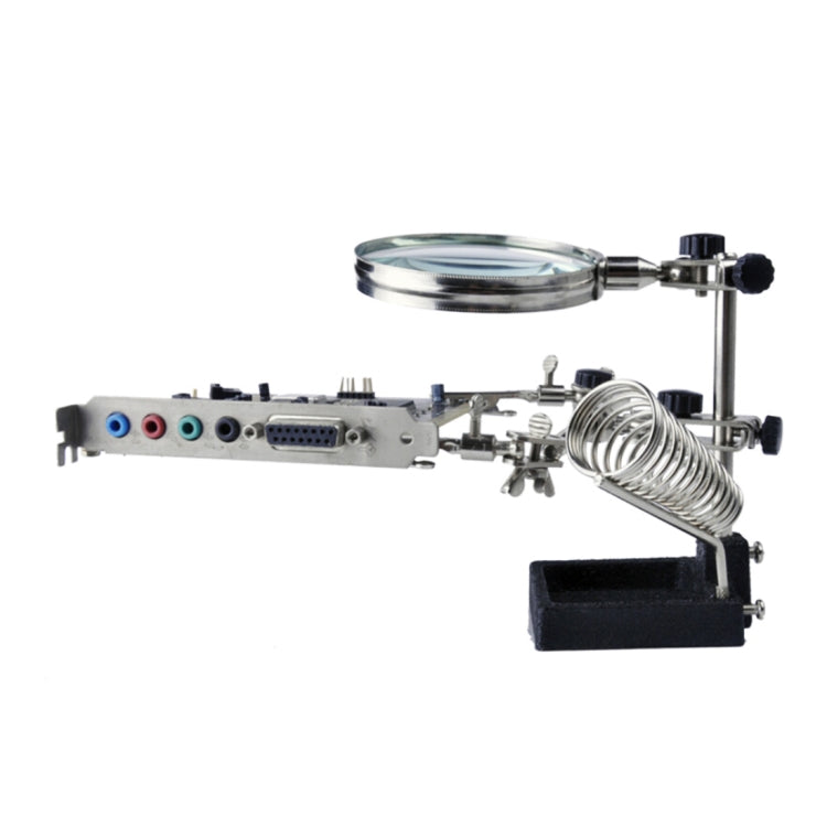 5X magnifying glass on adjustable metal stand with spring coil and black base pad