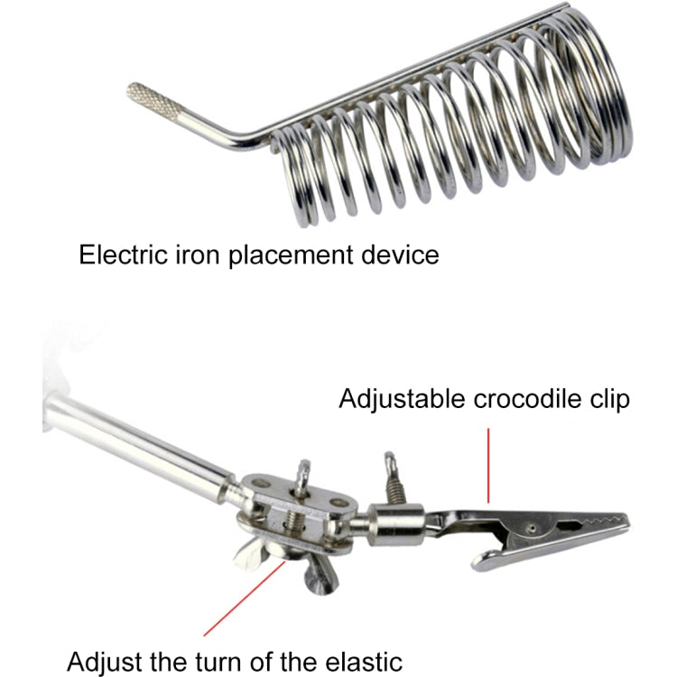 Spring coil placement device with adjustable alligator clip for holding parts