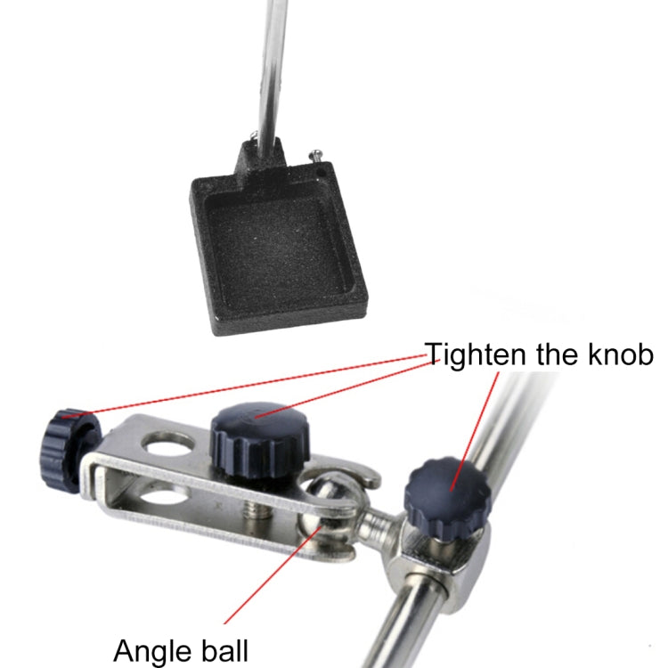 Metal tightening knob and angle ball joint on spring stand with hanging base pad