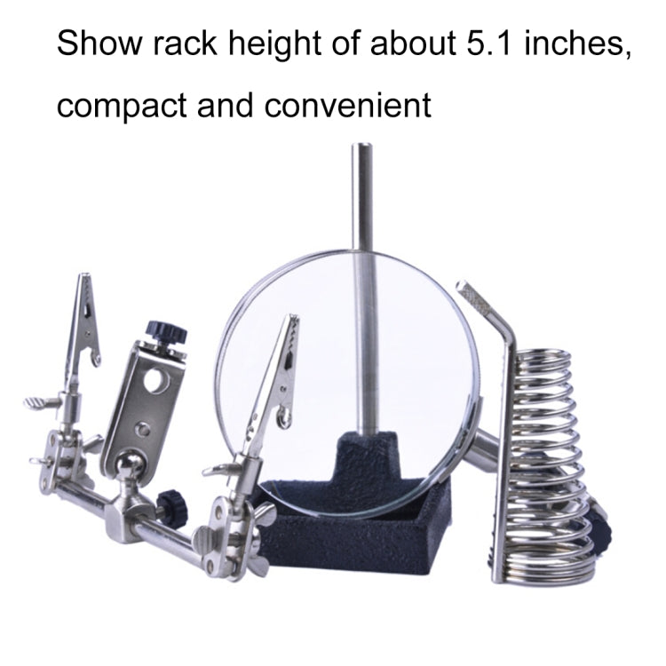 Compact magnifying glass stand with spring coils, circular lens, and metal support arms
