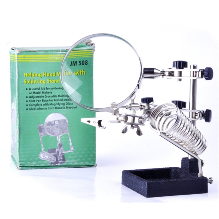 5X magnifying glass stand with spring coil base and clamp, shown with retail packaging