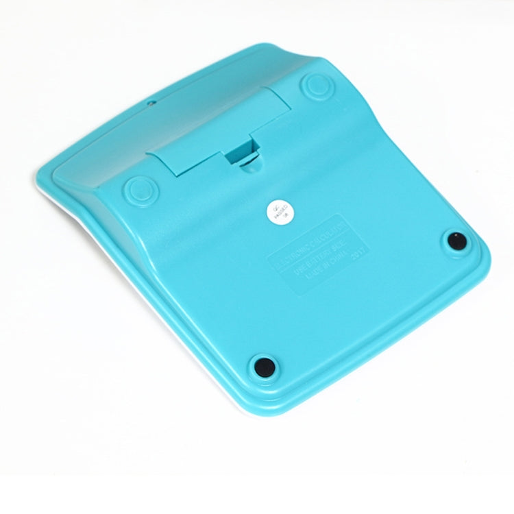 Solar calculator back with teal plastic cover, speaker holes, and flip-out stand