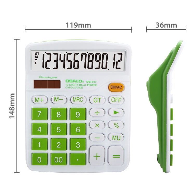 Desktop solar calculator with green keypad buttons and side profile shown