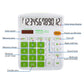 Calculator front with labeled keys, bright green keypad, and large LCD display