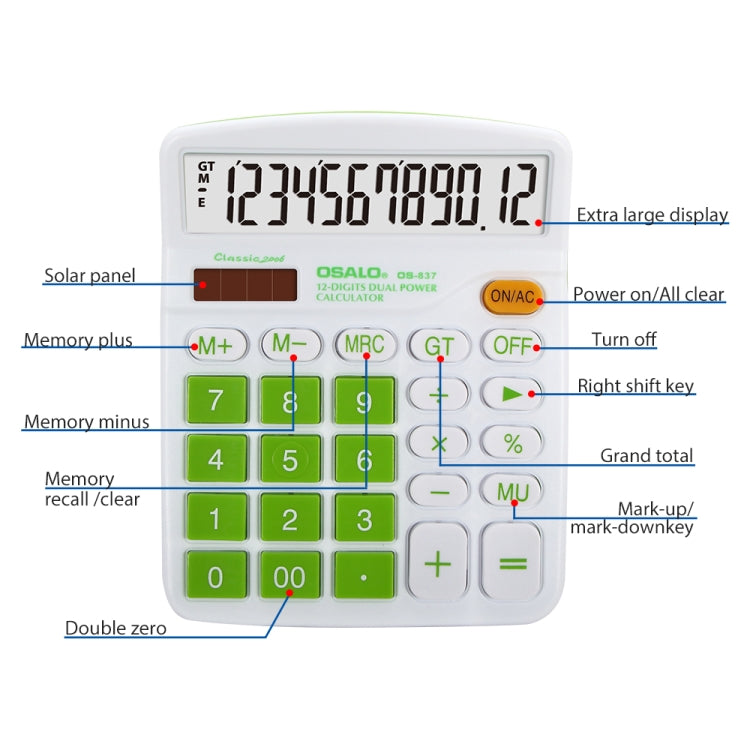 Calculator front with labeled keys, bright green keypad, and large LCD display