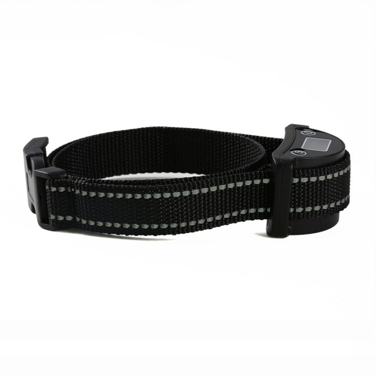 Black anti-barking dog training collar with LCD control remote, side view