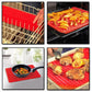 Red silicone cooking pad with diamond texture, shown in oven and on countertop