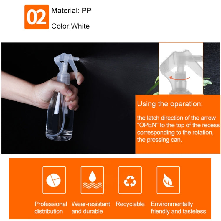 White plastic trigger spray bottle with safety latch and lock arrow