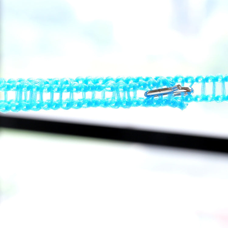 Blue braided clothesline rope segment with small metal clasp