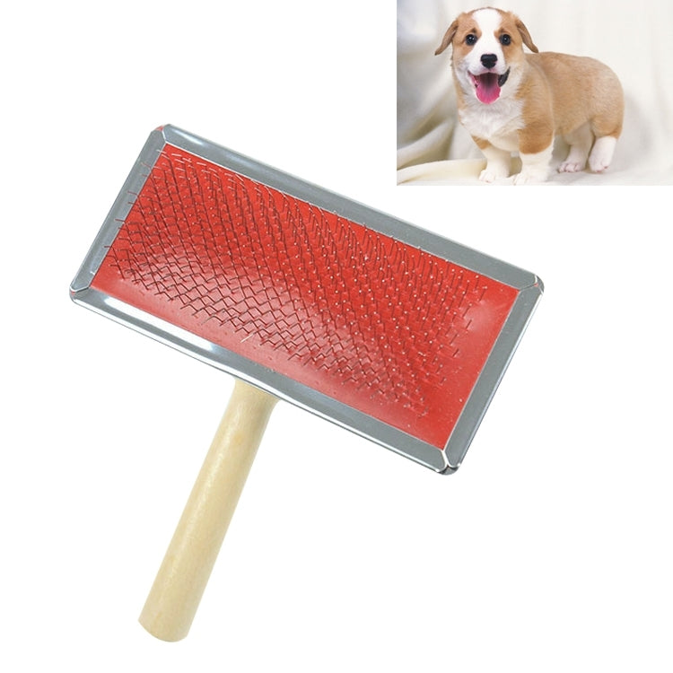 Pet grooming brush with red needled metal bristles and wood handle, L size
