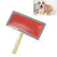 Pet cleaning brush featuring red needle bristle pad with wood handle and metal frame