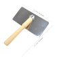Pet grooming brush with beige wood handle and rectangular gray metal bristle pad