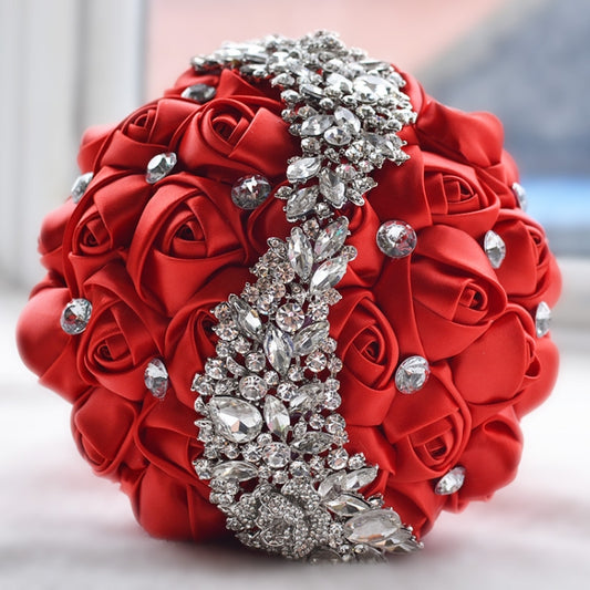 Red satin rose bridal bouquet with sparkling rhinestone centerpiece and crystal beads