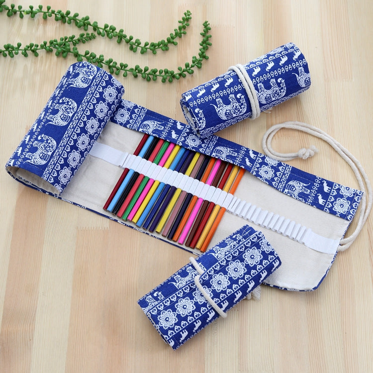 Blue elephant print pencil wrap case with 48 slots holding multicolor pens