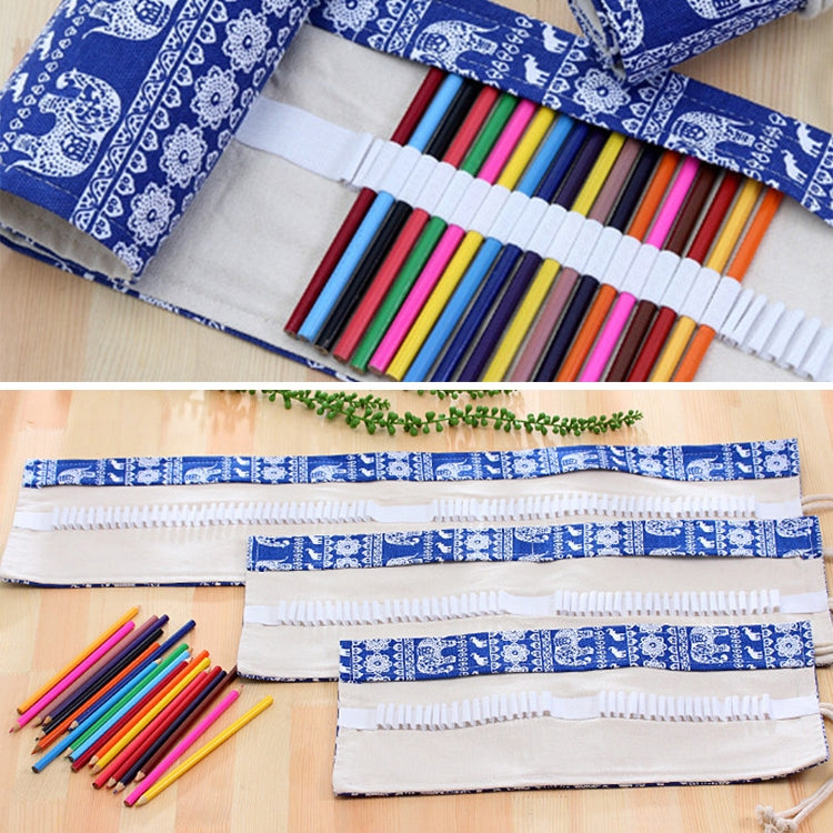 Open blue elephant print canvas pencil case showing 48 slots and colored pencils