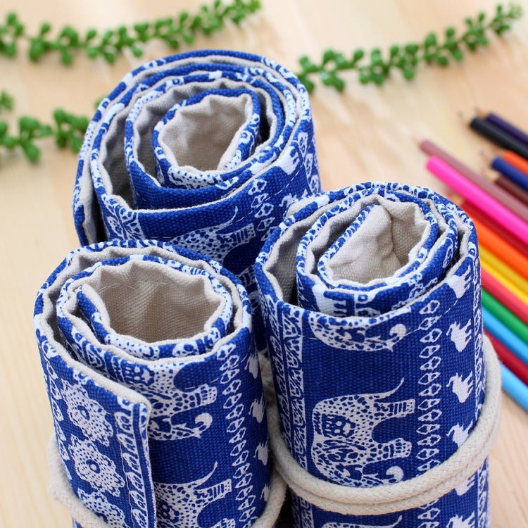 Rolled blue elephant print canvas pencil roll-up case with inner pen pockets