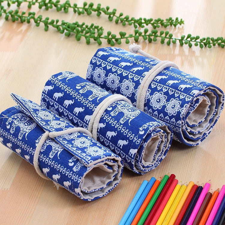 Rolled blue elephant print canvas pencil roll-up case with 48 slots and tie strings
