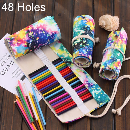 Starry sky roll-up canvas pencil case with 48 slots, elastic bands and drawstring ties