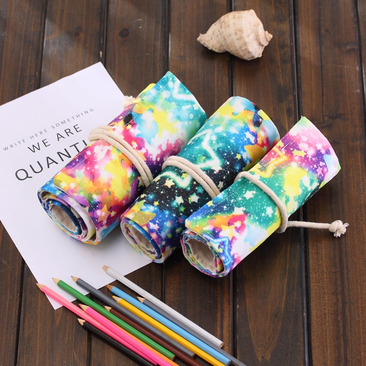 Starry sky roll-up canvas pencil case with rolled sleeves and drawstring closure