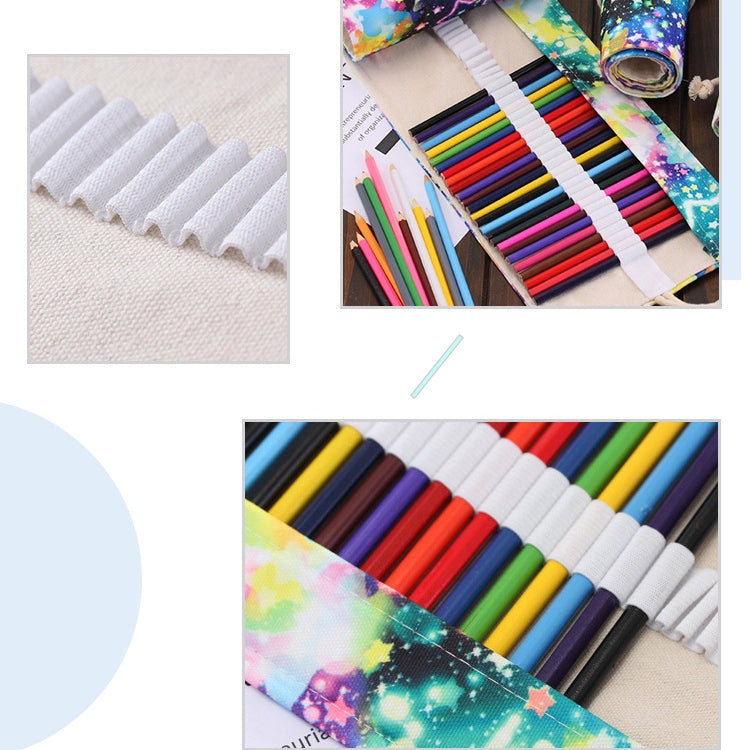 Close-up of elastic pencil slots in starry sky canvas roll-up case