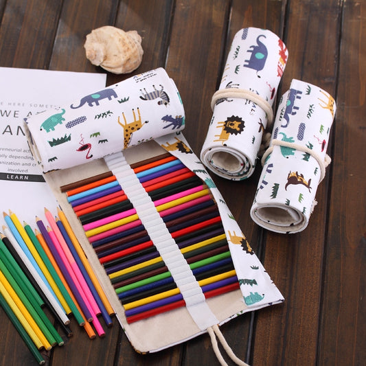 Canvas 72-slot pencil roll-up with dinosaur pattern, open for storing colored pencils