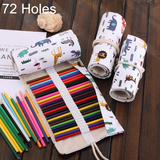 Canvas pencil roll-up case with dinosaur print, 72 slots, wrapped around colored pencils