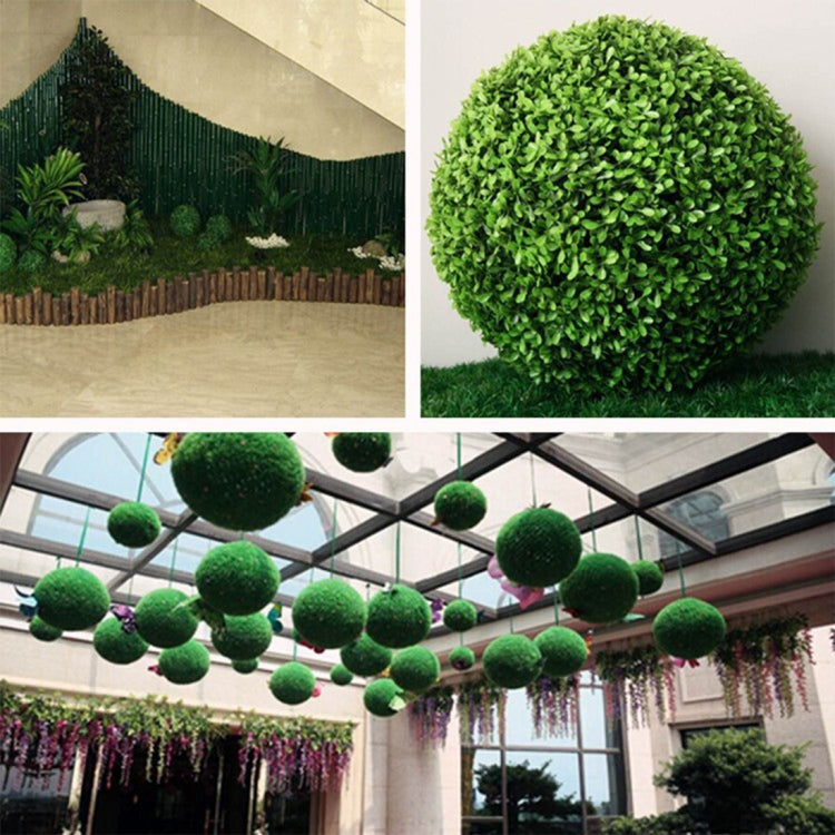 Artificial plant ball topiary ornament, green spheres shown indoors and outdoors