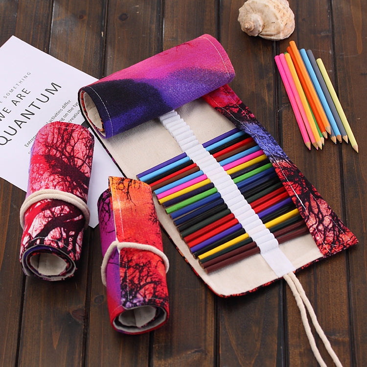 48-slot canvas pencil wrap pouch with sunset tree print, rolled flap and ties