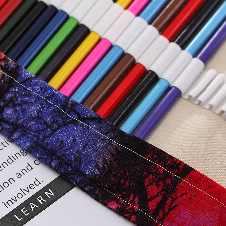 48-slot canvas pencil wrap pouch, close-up of sunset tree print fabric and pen slots