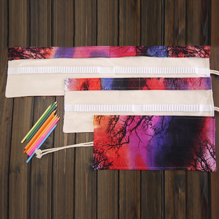 48-slot canvas pencil wrap pouch, folded roll-up with sunset tree print and drawstring ties