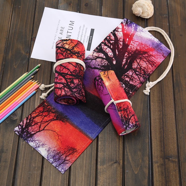 48-slot canvas pencil wrap pouch, sunset tree print canvas with drawstring and rolled pockets