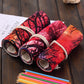 48-slot canvas pencil wrap pouch, sunset tree print rolled sleeves with pen openings