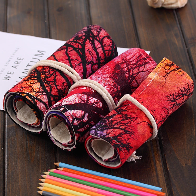 48-slot canvas pencil wrap pouch, sunset tree print rolled sleeves with pen openings