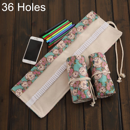 Cream canvas roll-up pencil case with rose-and-clock print, elastic pockets, drawstring ties