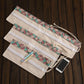 Unrolled cream pencil wrap with rose-and-clock print, multiple elastic pocket rows and ties
