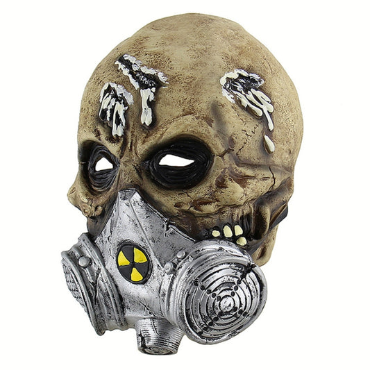 Beige and silver biohazard gas mask with toothy grin, yellow triangle emblem, and large filter