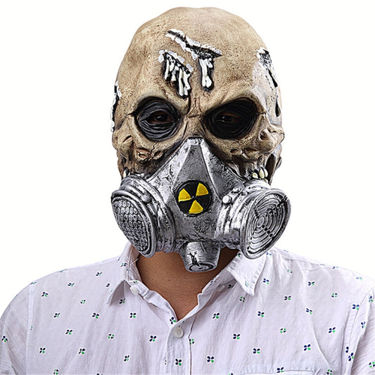 Skeleton-style gas mask headgear with beige skull face and silver breathing filters