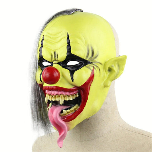 Clown latex face mask with gray hair, yellow-green skin, black face lines, red nose, screaming grin