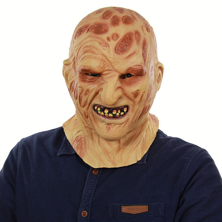Skeleton burn latex face mask with open mouth and glowing teeth, front view