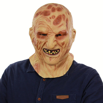 Skeleton burn latex face mask with open mouth and glowing teeth, front view
